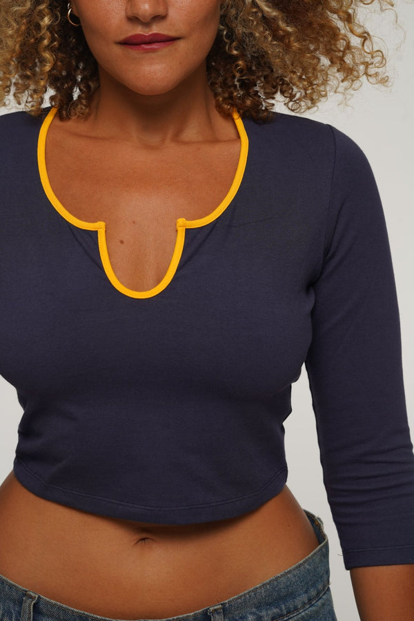 U Front Crop Top with sleeves in Navy & Mango - Manners London