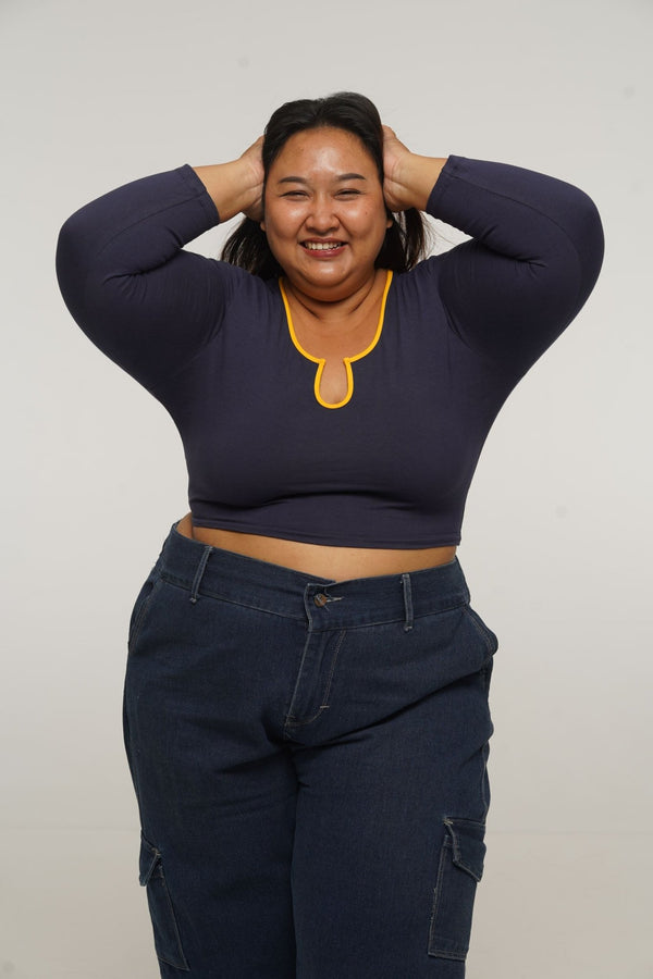 U Front Crop Top with sleeves in Navy & Mango - Manners London