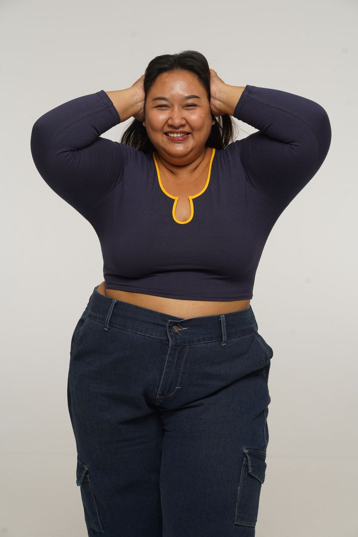 U Front Crop Top with sleeves in Navy & Mango - Manners London