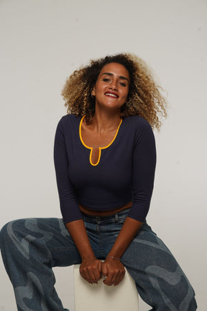 U Front Crop Top with sleeves in Navy & Mango - Manners London