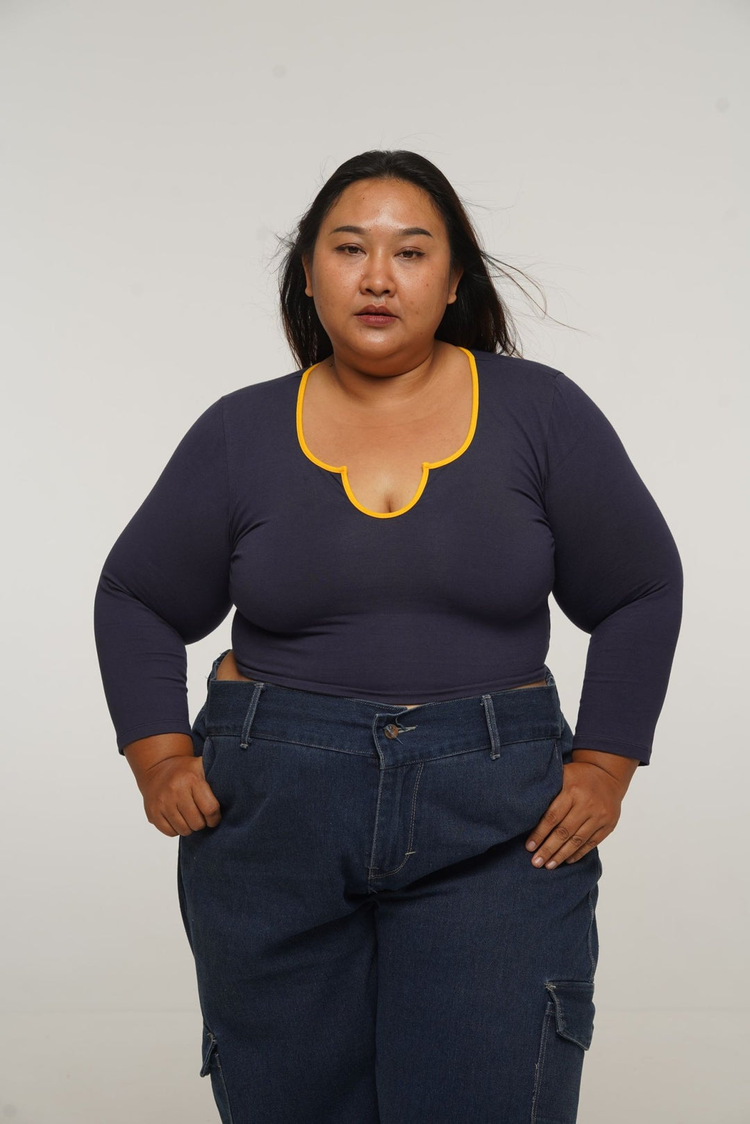 U Front Crop Top with sleeves in Navy & Mango - Manners London