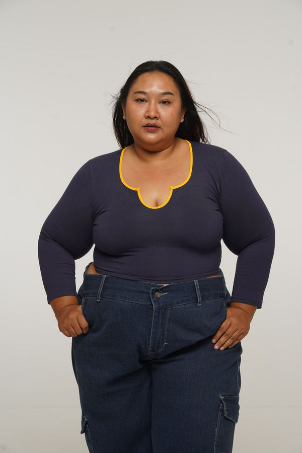 U Front Crop Top with sleeves in Navy & Mango - Manners London