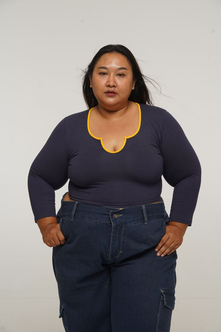 U Front Crop Top with sleeves in Navy & Mango - Manners London