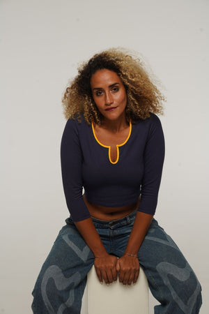 U Front Crop Top with sleeves in Navy & Mango - Manners London