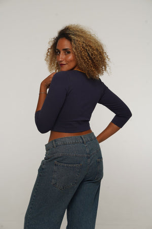 U Front Crop Top with sleeves in Navy & Mango - Manners London