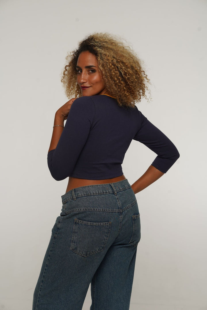 U Front Crop Top with sleeves in Navy & Mango - Manners London