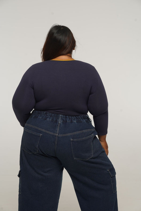 U Front Crop Top with sleeves in Navy & Mango - Manners London