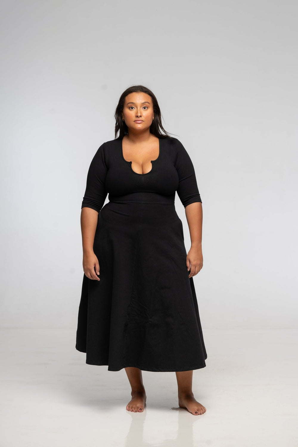 U Front Dress Midi Regular A - line (6/7 sleeves) in Black - Manners London