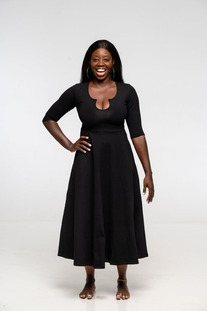 U Front Dress Midi Regular A - line (6/7 sleeves) in Black - Manners London