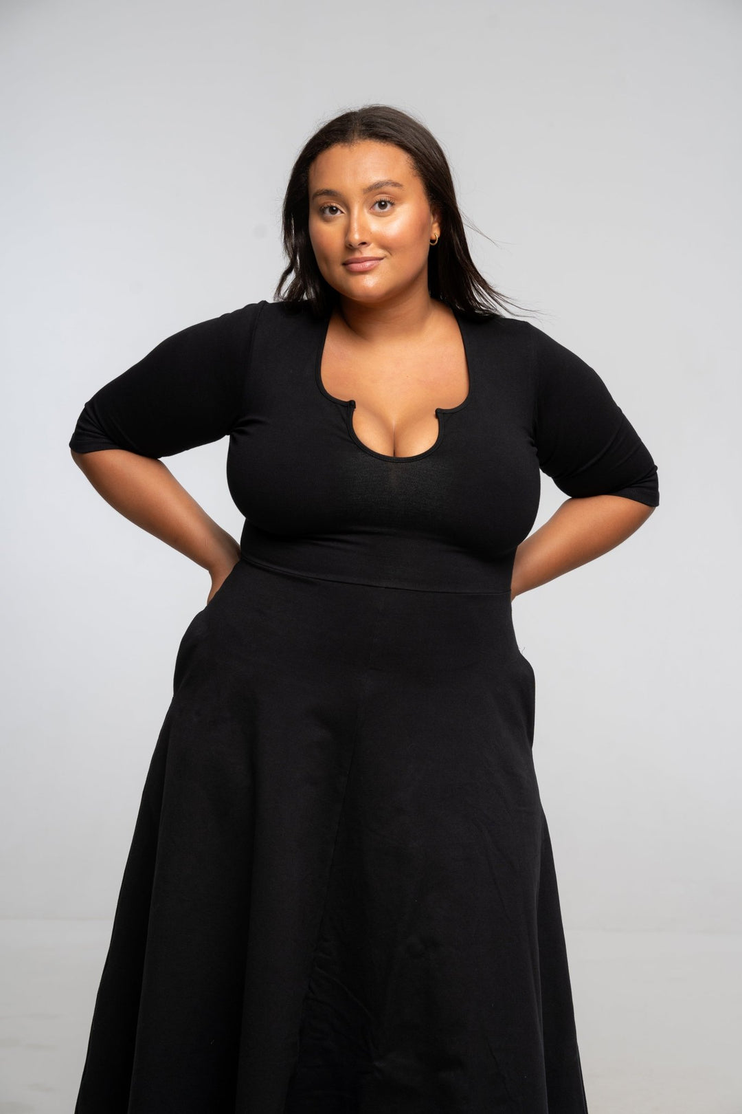 U Front Dress Midi Regular A - line (6/7 sleeves) in Black - Manners London