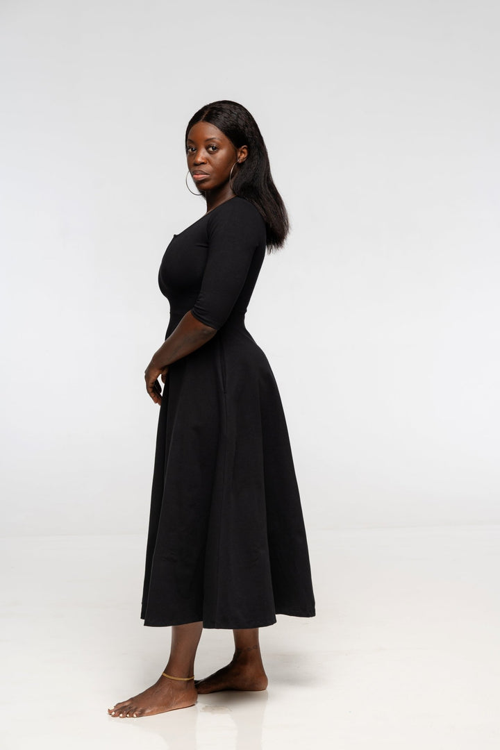 U Front Dress Midi Regular A - line (6/7 sleeves) in Black - Manners London