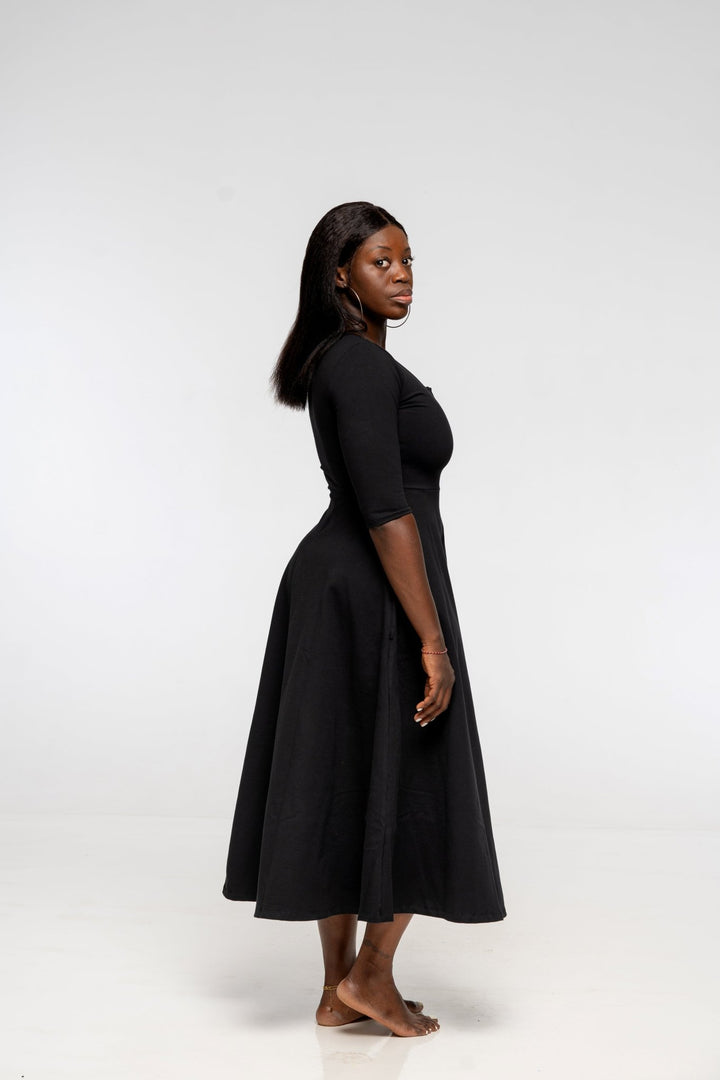 U Front Dress Midi Regular A - line (6/7 sleeves) in Black - Manners London