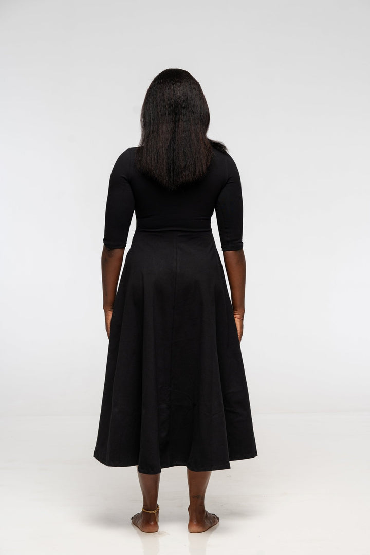 U Front Dress Midi Regular A - line (6/7 sleeves) in Black - Manners London