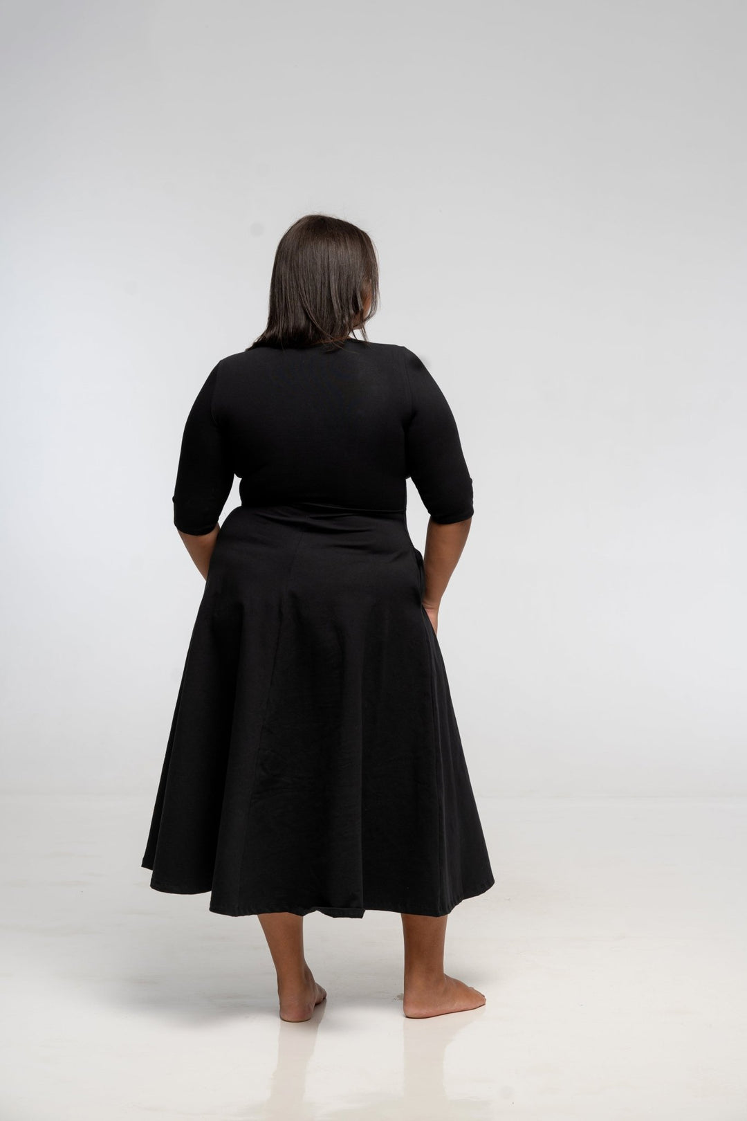 U Front Dress Midi Regular A - line (6/7 sleeves) in Black - Manners London