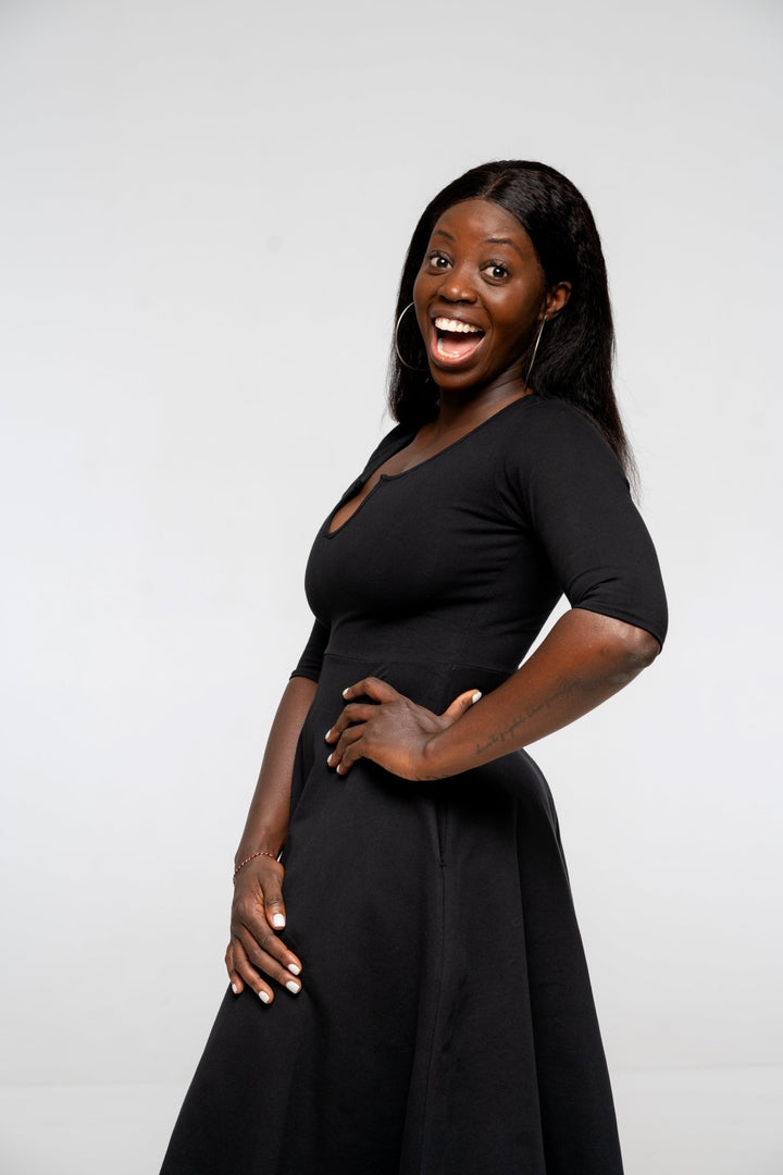 U Front Dress Midi Regular A - line (6/7 sleeves) in Black - Manners London