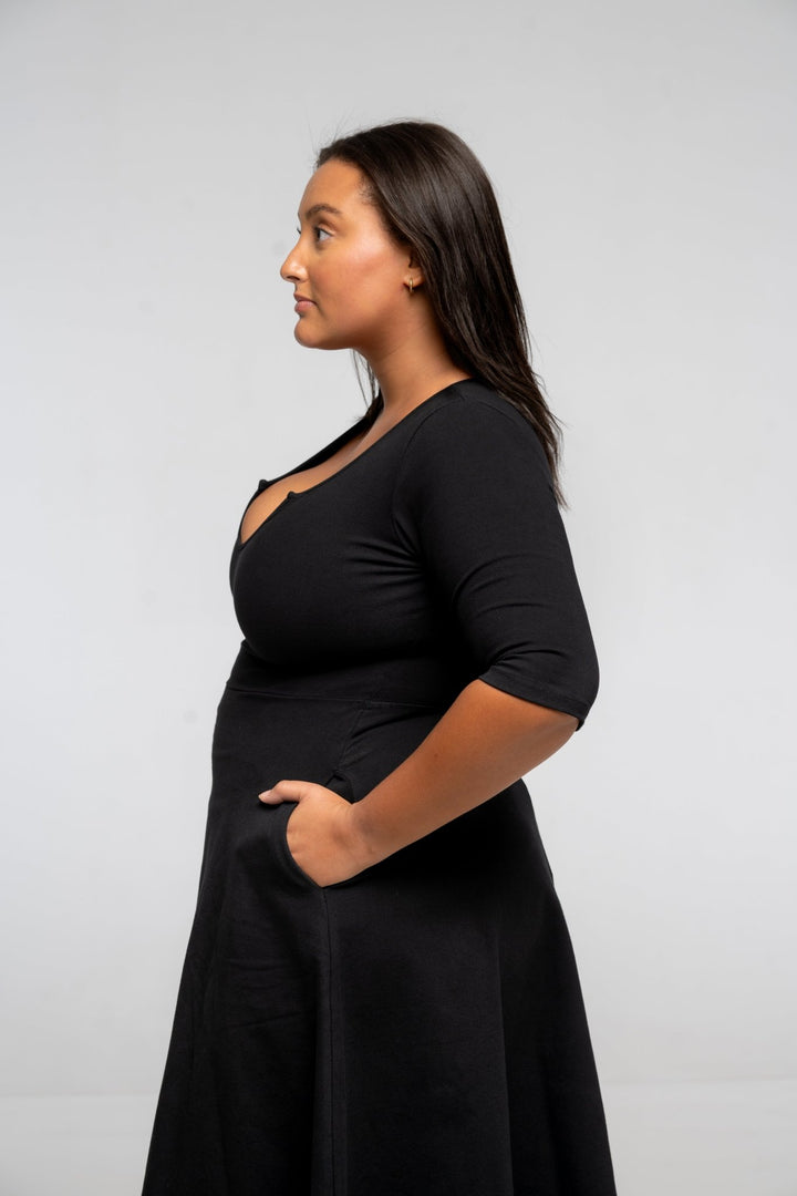 U Front Dress Midi Regular A - line (6/7 sleeves) in Black - Manners London