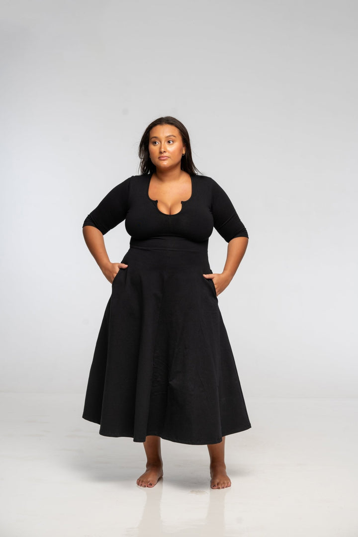 U Front Dress Midi Regular A - line (6/7 sleeves) in Black - Manners London