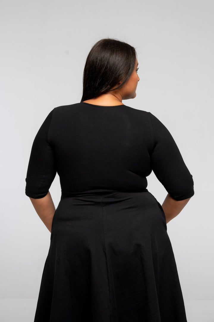 U Front Dress Midi Regular A - line (6/7 sleeves) in Black - Manners London