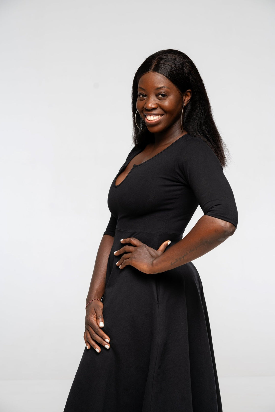 U Front Dress Midi Regular A - line (6/7 sleeves) in Black - Manners London