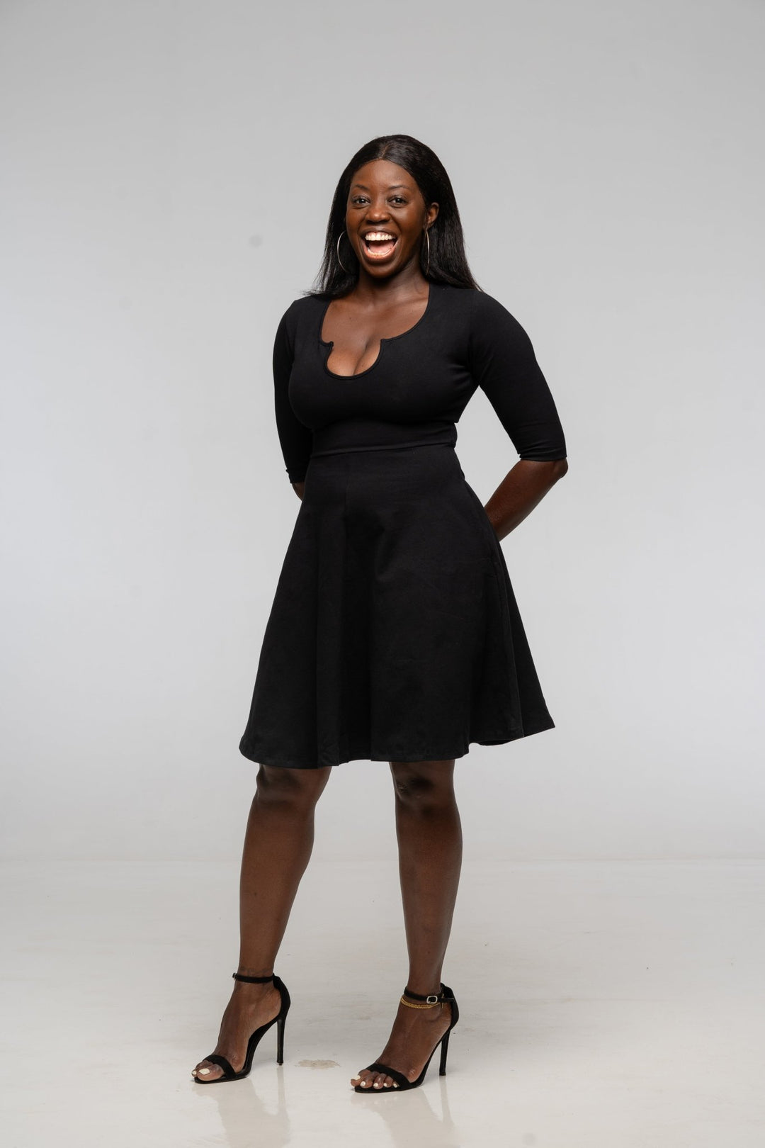 U Front Dress Mini A - line (6/7 sleeves) in Black - Manners London