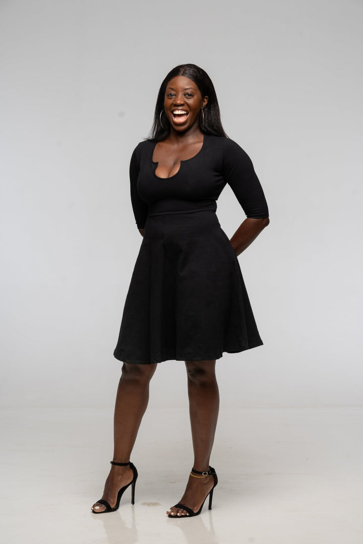U Front Dress Mini A - line (6/7 sleeves) in Black - Manners London