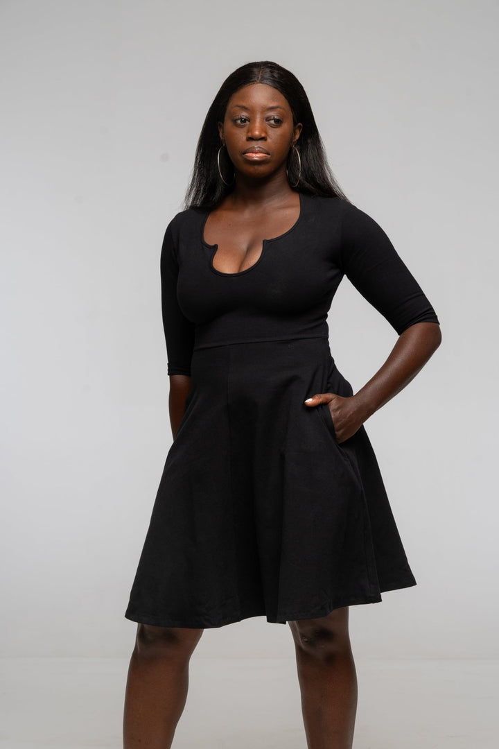 U Front Dress Mini A - line (6/7 sleeves) in Black - Manners London