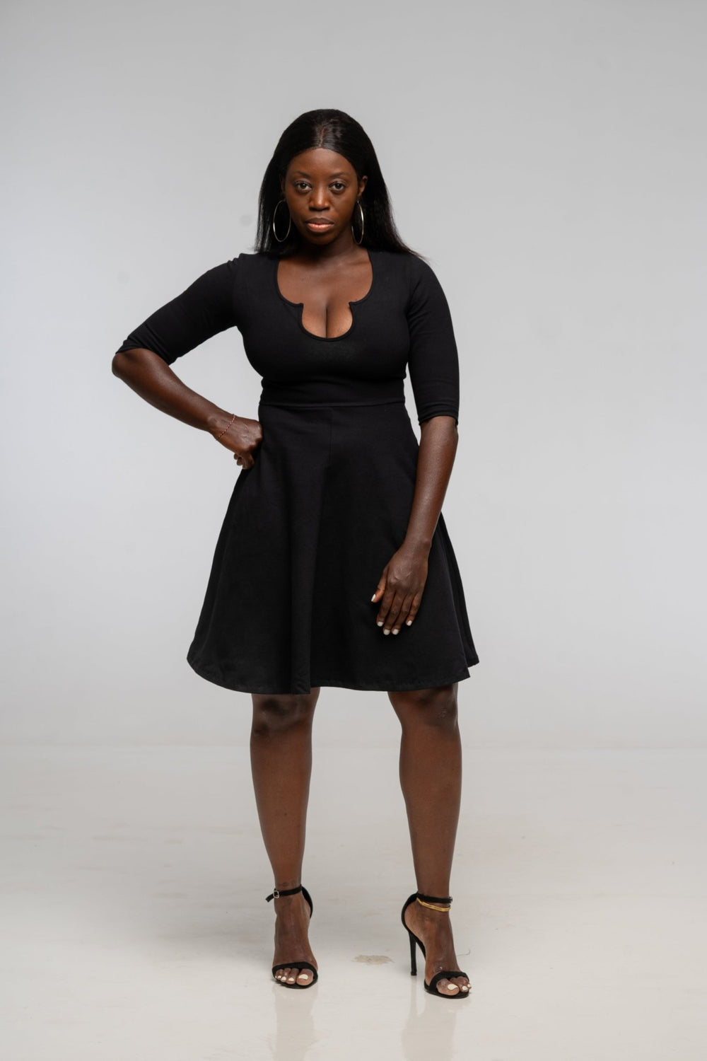 U Front Dress Mini A - line (6/7 sleeves) in Black - Manners London