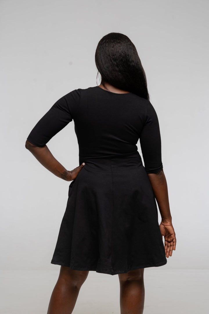 U Front Dress Mini A - line (6/7 sleeves) in Black - Manners London