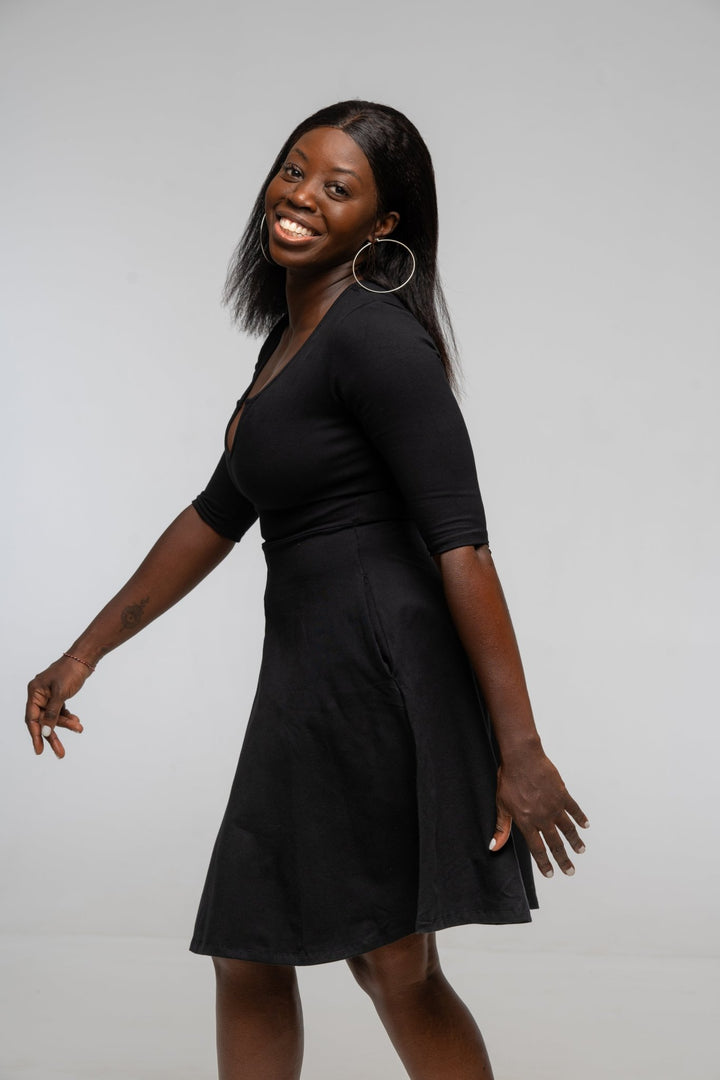 U Front Dress Mini A - line (6/7 sleeves) in Black - Manners London