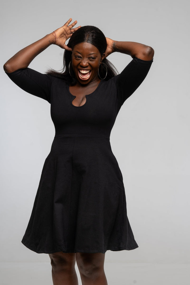 U Front Dress Mini A - line (6/7 sleeves) in Black - Manners London