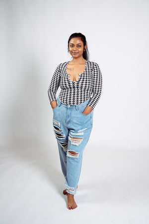 U Front Full Length Top 6/7 sleeves in Houndstooth Print - Manners London