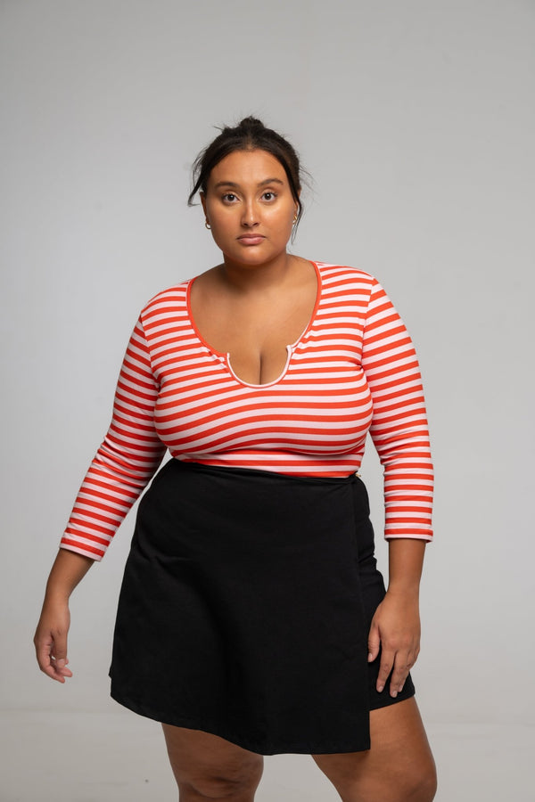 U Front Full Length Top (7/8 sleeves) In Tomato red on Bubblegum Pink!  - Manners London