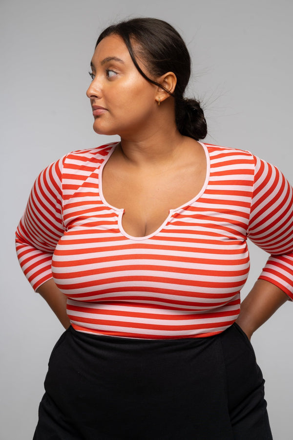 U Front Full Length Top (7/8 sleeves) In Tomato red on Bubblegum Pink!  - Manners London