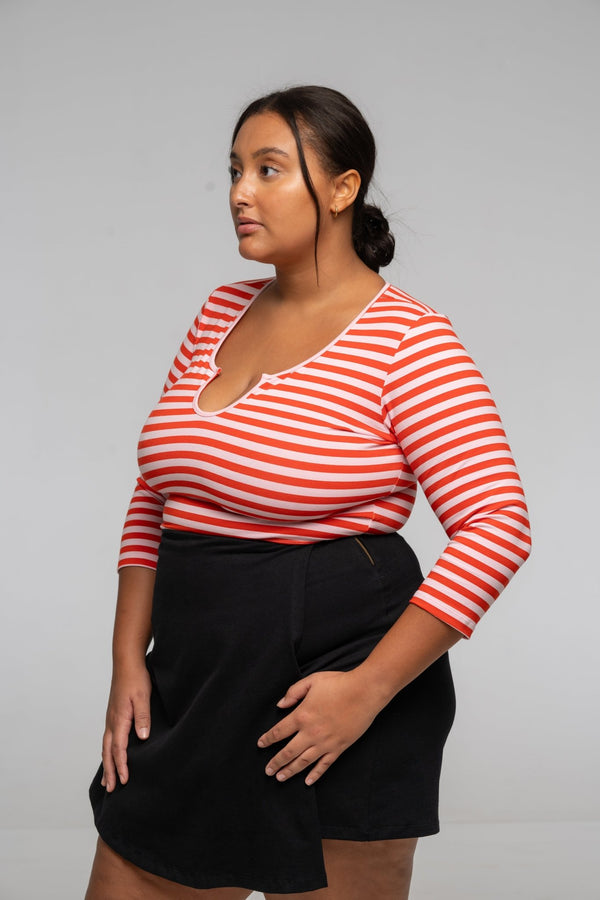 U Front Full Length Top (7/8 sleeves) In Tomato red on Bubblegum Pink!  - Manners London