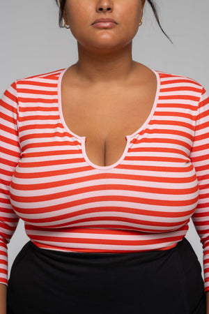 U Front Full Length Top (7/8 sleeves) In Tomato red on Bubblegum Pink!  - Manners London