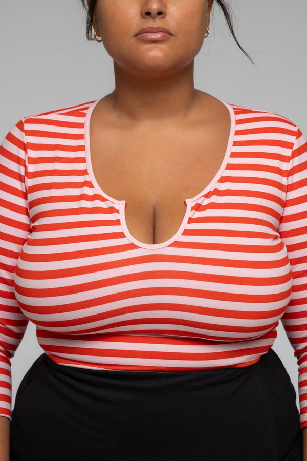 U Front Full Length Top (7/8 sleeves) In Tomato red on Bubblegum Pink!  - Manners London