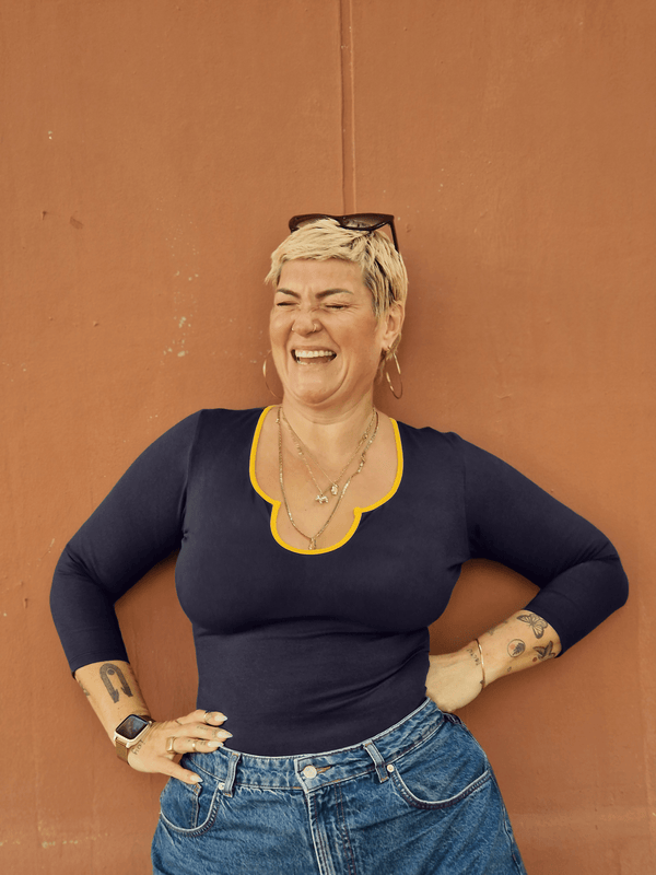 U Front Full Length Top in Navy & Mango - Manners London