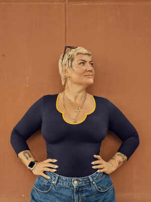 U Front Full Length Top in Navy & Mango - Manners London