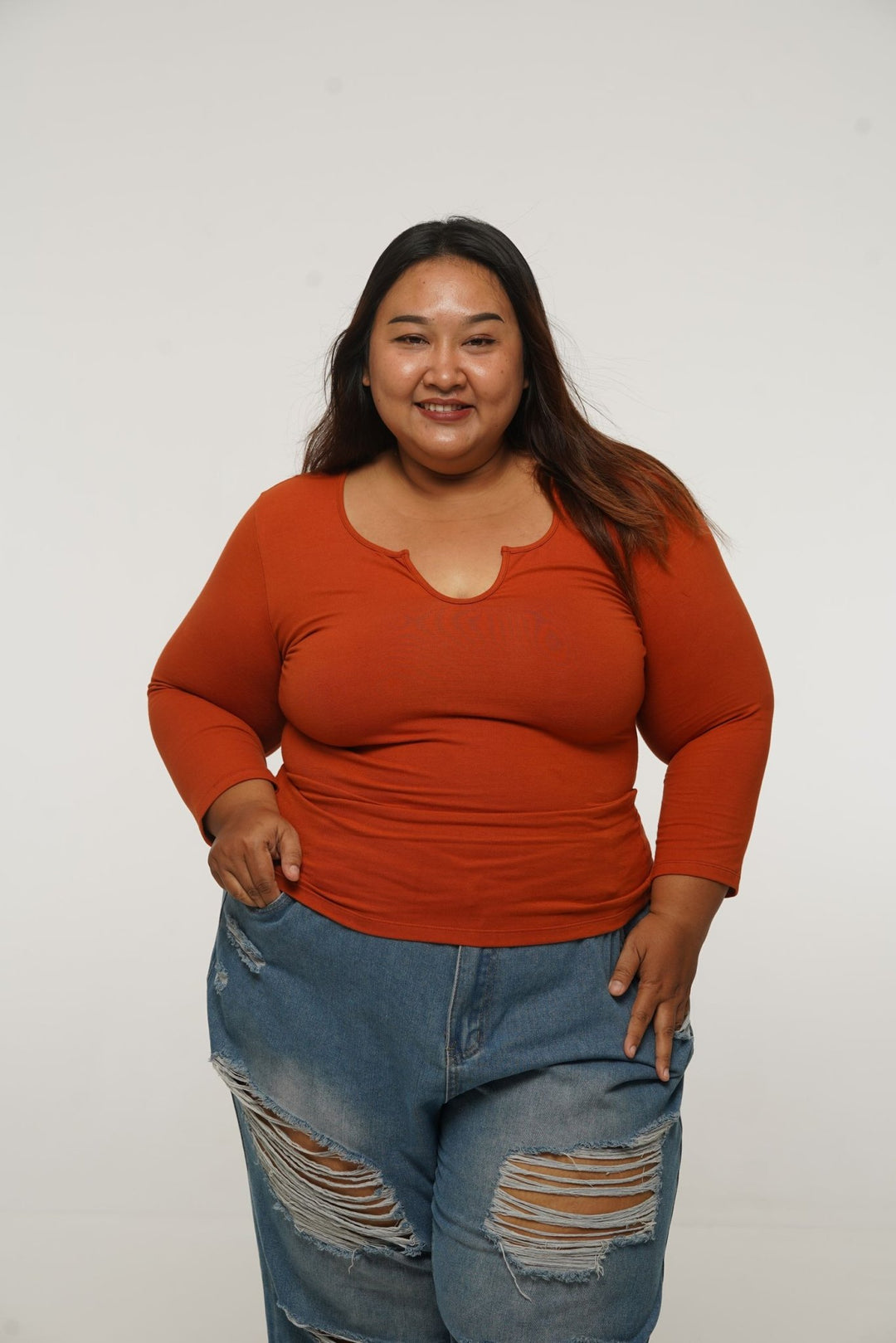 U Front Full Length Top with sleeves in Burnt Orange - Manners London