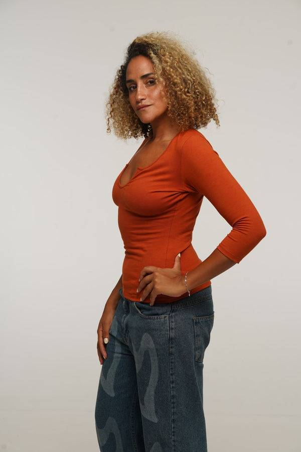 U Front Full Length Top with sleeves in Burnt Orange - Manners London