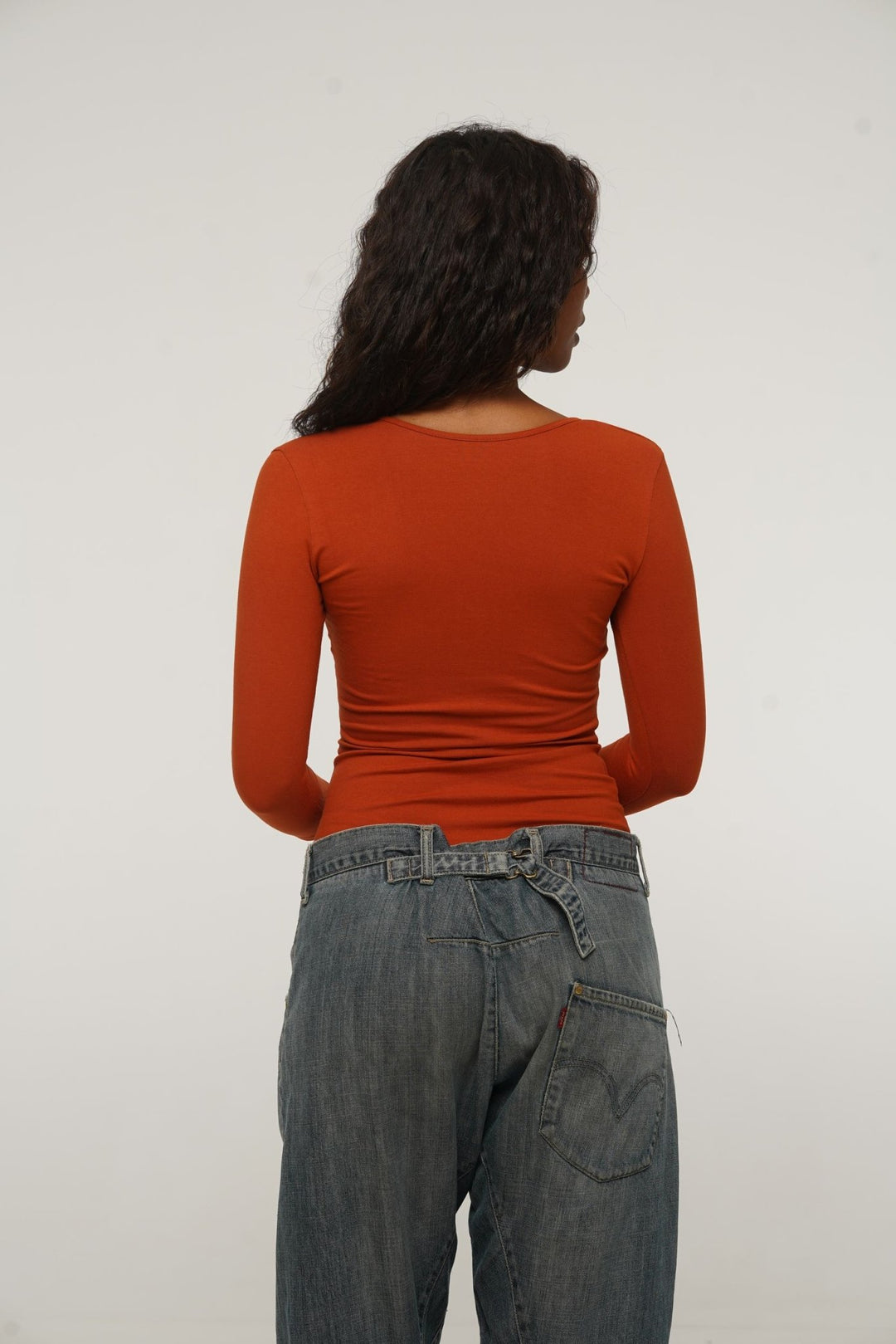 U Front Full Length Top with sleeves in Burnt Orange - Manners London