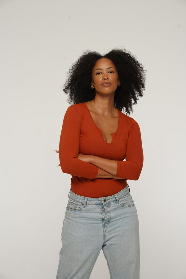 U Front Full Length Top with sleeves in Burnt Orange - Manners London