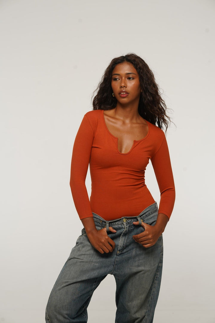 U Front Full Length Top with sleeves in Burnt Orange - Manners London