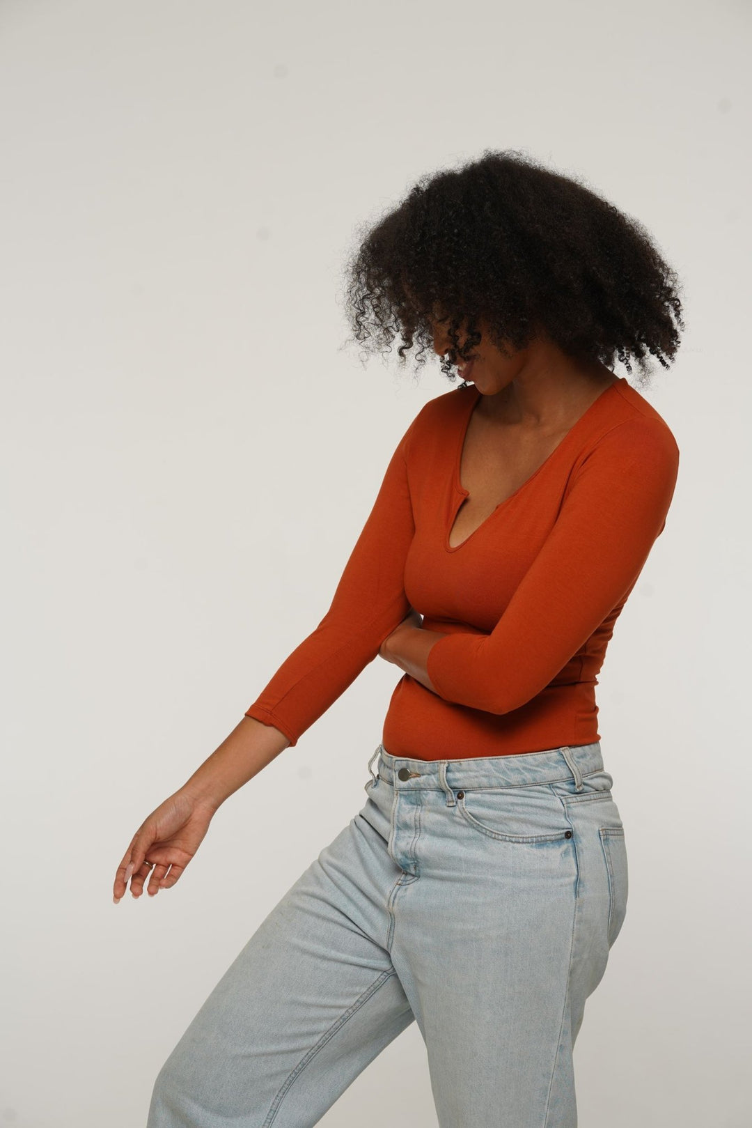 U Front Full Length Top with sleeves in Burnt Orange - Manners London