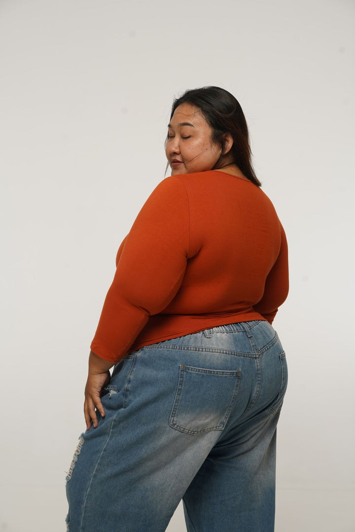 U Front Full Length Top with sleeves in Burnt Orange - Manners London