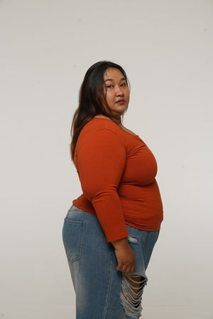 U Front Full Length Top with sleeves in Burnt Orange - Manners London