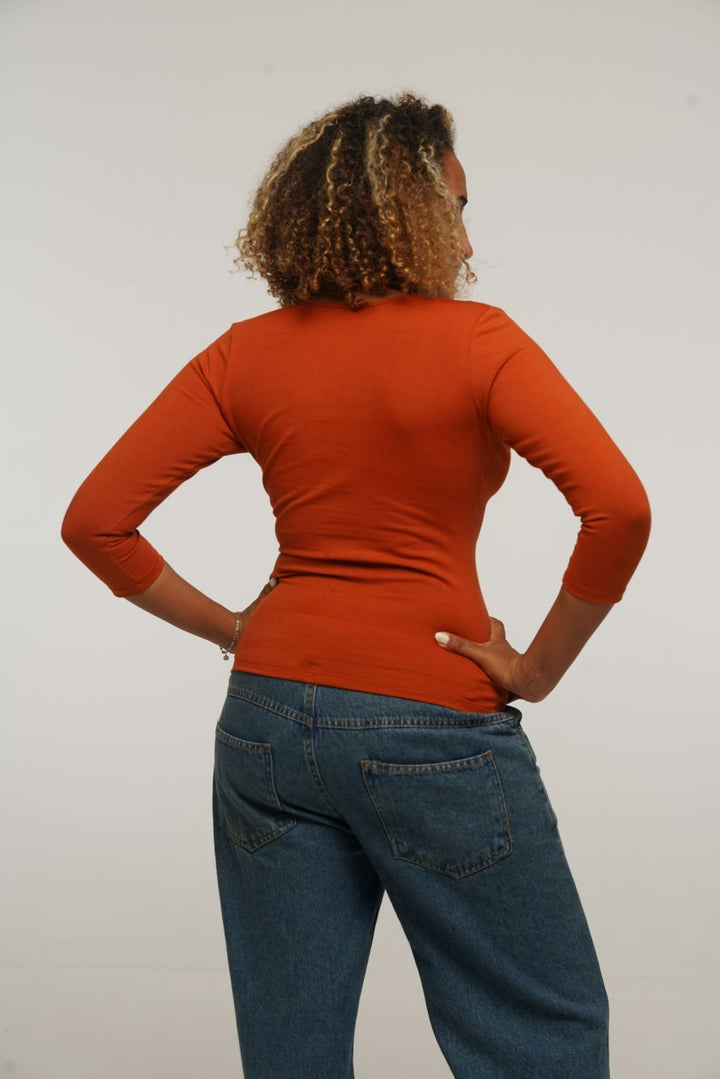 U Front Full Length Top with sleeves in Burnt Orange - Manners London