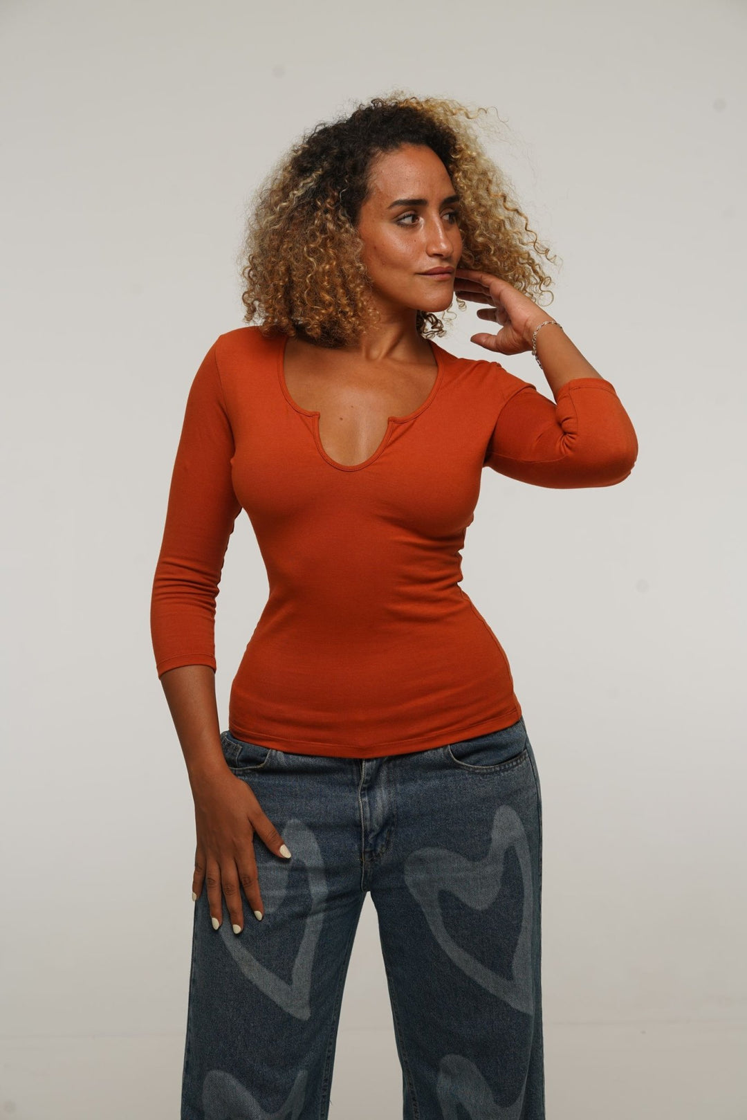U Front Full Length Top with sleeves in Burnt Orange - Manners London