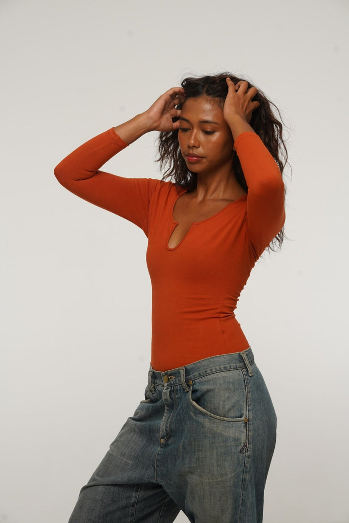 U Front Full Length Top with sleeves in Burnt Orange - Manners London