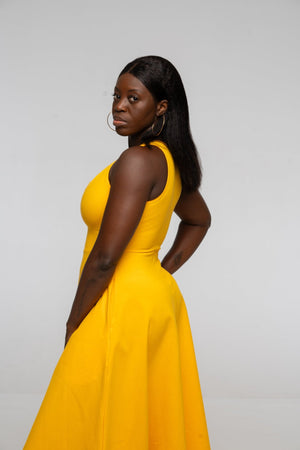 U Front Midi A - line Dress in Mango - Manners London